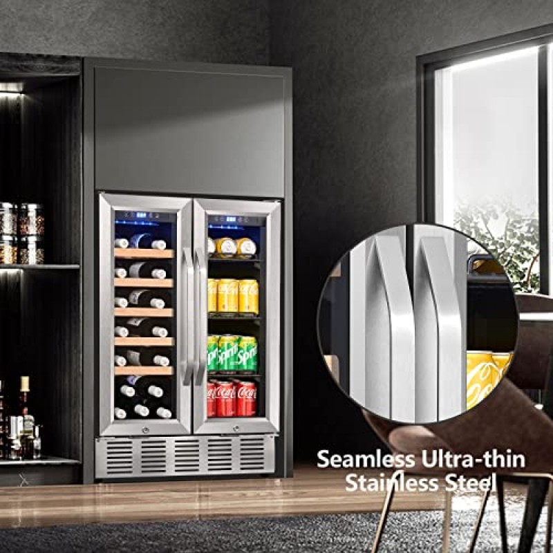 Karcassin 24인치 와인 및 음료 냉장고, 2 in 1 와인 냉장고 듀얼 존 스테인레스 프렌치 도어, 디지털 제어 기능이 내장 및 독립형, 20병 및 66캔 보관 가능