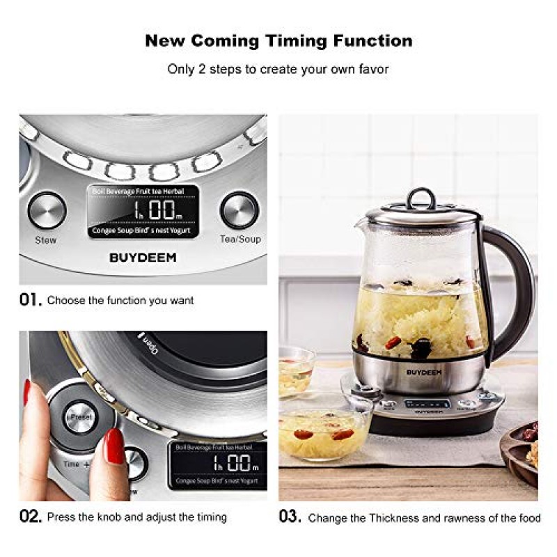 Buydeem K2973 주력 건강 관리 음료 차 메이커 및 주전자, 8-in-1 프로그래밍 가능 Brew Cooker Master, 1.5L(0.396gal), 은빛