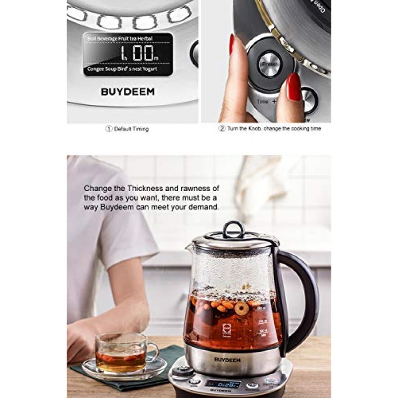 Buydeem K2973 주력 건강 관리 음료 차 메이커 및 주전자, 8-in-1 프로그래밍 가능 Brew Cooker Master, 1.5L(0.396gal), 은빛