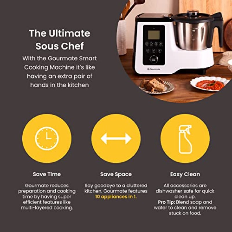 Gourmate Smart All-in-1 멀티 쿠커, 10개 이상의 요리 기능, 내장 저울, 조리법 안내, 찌기, 요리, 반죽, Bluetooth 앱 연결, 2.3 QT, 화이트