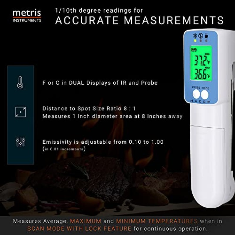 Metris Instruments 식품 조리 고기 온도계 주방 외부 그릴용 프로브가 있는 디지털 적외선 레이저 즉시 읽기 바베큐 흡연자, 식품 검사기 모델 TCT703