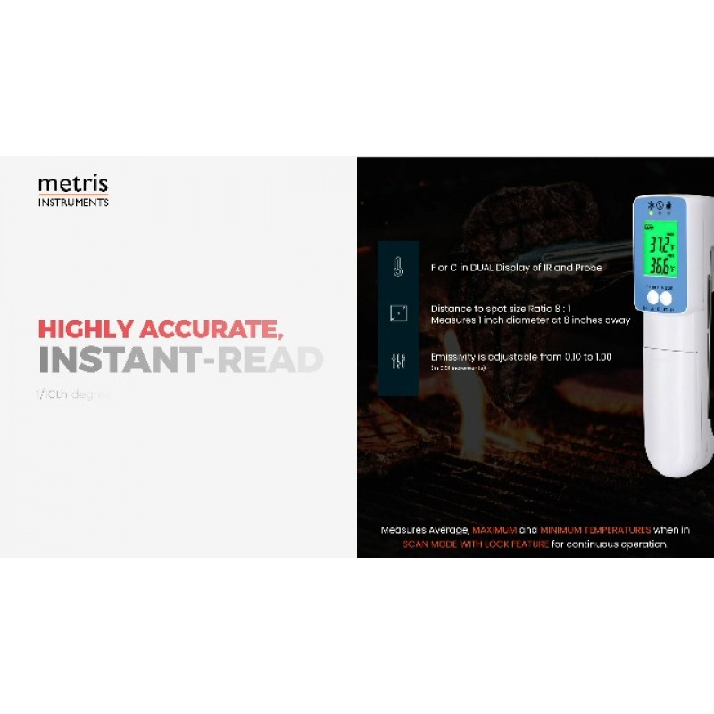 Metris Instruments 식품 조리 고기 온도계 주방 외부 그릴용 프로브가 있는 디지털 적외선 레이저 즉시 읽기 바베큐 흡연자, 식품 검사기 모델 TCT703