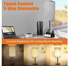 침실용 Mindore 테이블 램프 2개 세트 - USB 포트 및 AC 콘센트 충전 기능이 있는 스탠드 램프, 알람 시계 베이스가 있는 3방향 조광 가능 터치 제어 침대 옆 램프 및 거실용 회색 패브릭 전등갓