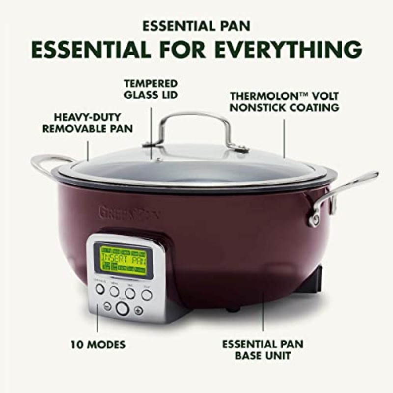 GreenPan Elite Essential 스마트 전기 6QT 프라이팬 냄비, 볶음 볶음 및 밥 요리용 사전 설정, 건강에 좋은 세라믹 논스틱 및 식기세척기 안전 부품, 사용하기 쉬운 LED 디스플레이, 판타지 무화과