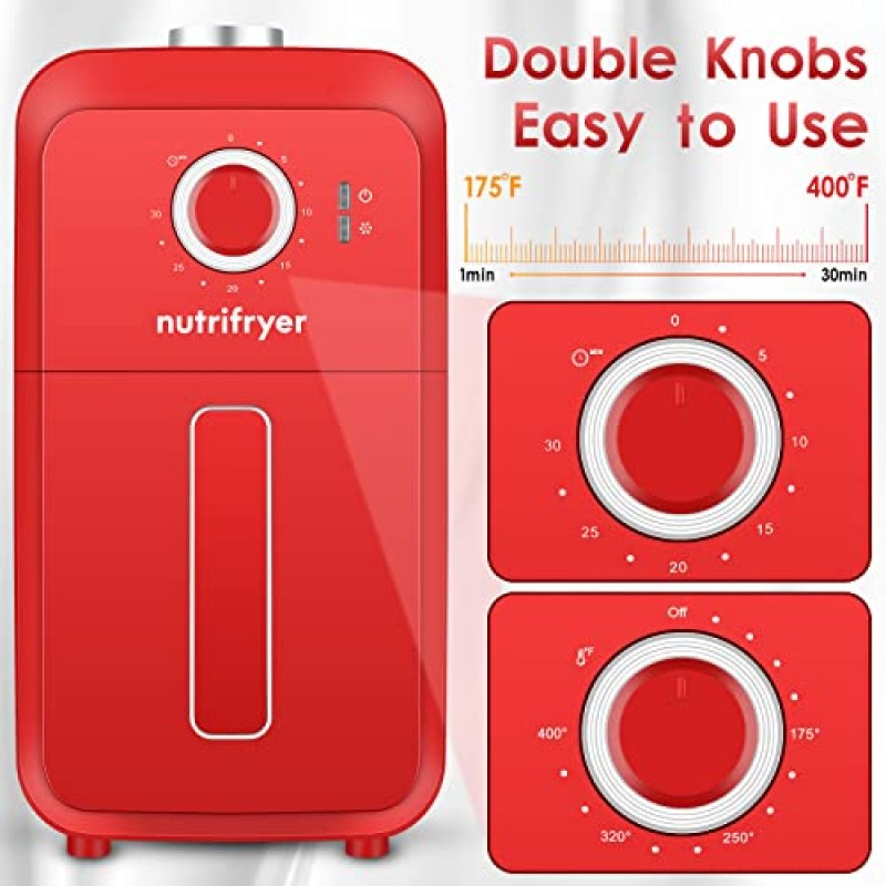 nutrifryer 에어 프라이어, 그릴 및 레시피 지침이 포함된 4쿼트 에어 프라이어, 작고 컴팩트한 디자인, 50개 맞춤형 양피지 라이너, 붙지 않는 바구니, 1400W, 빨간색