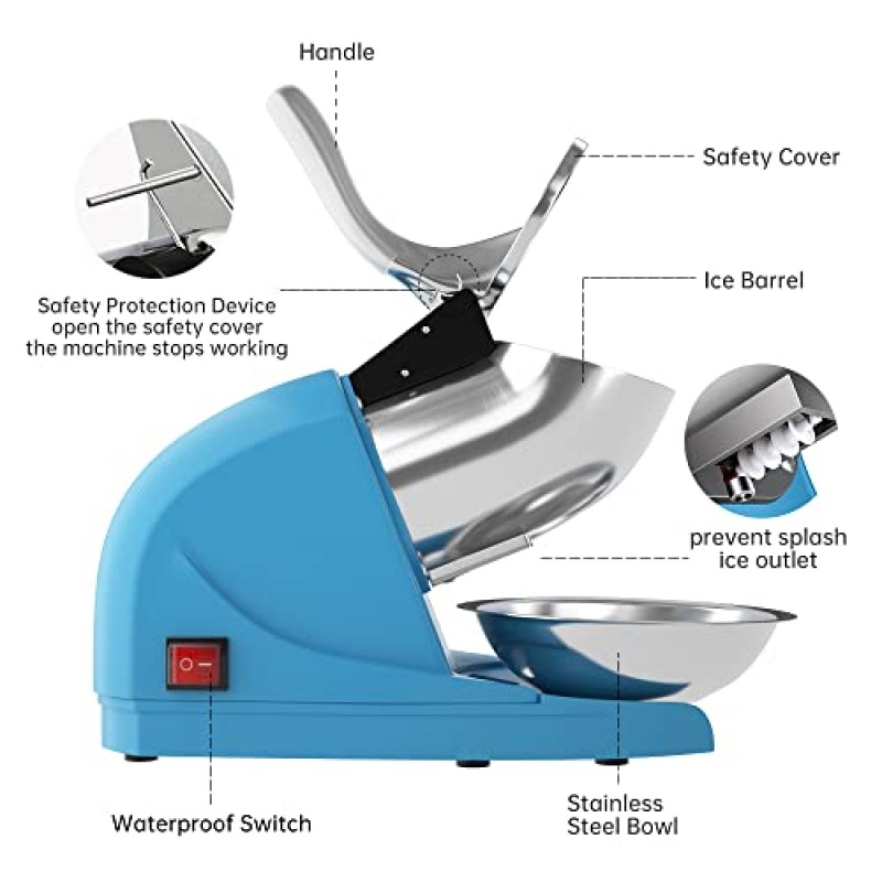 OKF 얼음 면도기 튀는 것을 방지 전기 세 블레이드 스노우 콘 제조기 스테인레스 스틸 면도 얼음 기계 380W 286lbs/hr 가정용 및 상업용 얼음 분쇄기(얼음 픽 포함)(파란색)