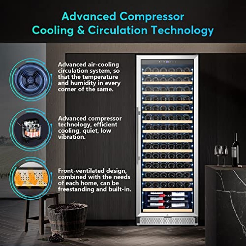 TYLZA 업그레이드된 154병 와인 쿨러 냉장고, 24인치 높이의 와인 냉장고, 전문 압축기가 내장되거나 독립형으로 설치됨, 저소음 고속 냉각 및 지능형 온도 메모리