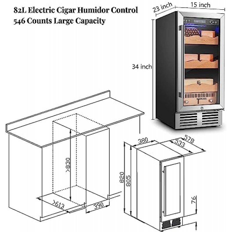 BODEGA 전기 시가 쿨러 휴미더 82L, 3겹 스페인 삼나무 목재 선반 및 서랍, 550카운트용 대형 캐비닛, 조용한 작동, LED 조명, 냉각 기능, 남성을 위한 선물, 비즈니스 파트너