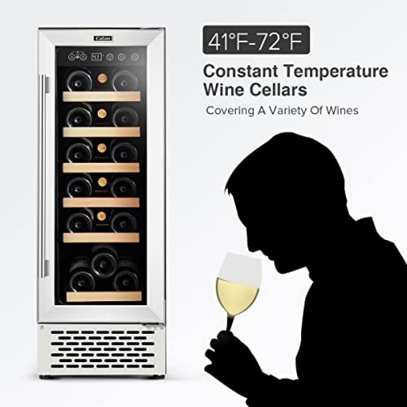 COLZER 우아한 미니 와인 냉장고 18병 12인치 와인 쿨러 냉장고, 내장 또는 독립형 와인 쿨러, 스테인레스 스틸 이중층 강화 유리 도어