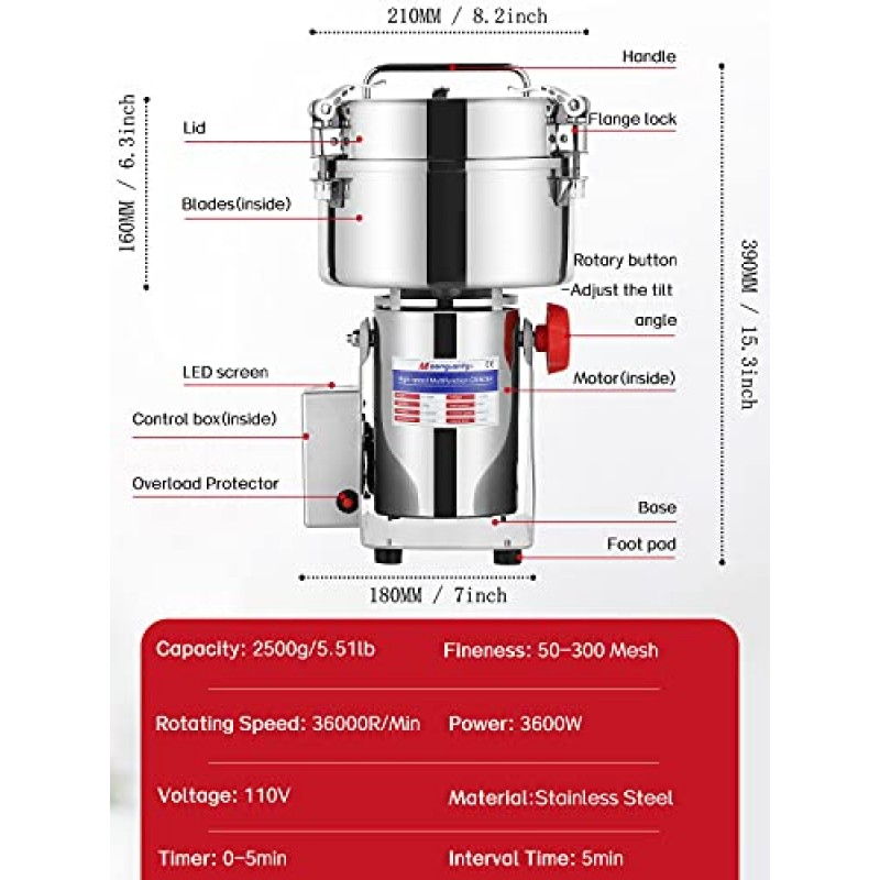 Moongiantgo 2500g LED 디지털 곡물 분쇄기 전기 양념 분쇄기 스테인레스 스틸 고속 분쇄기 기계 분쇄기 주방 허브 향신료 고추 커피 옥수수 (2500g, 110V)