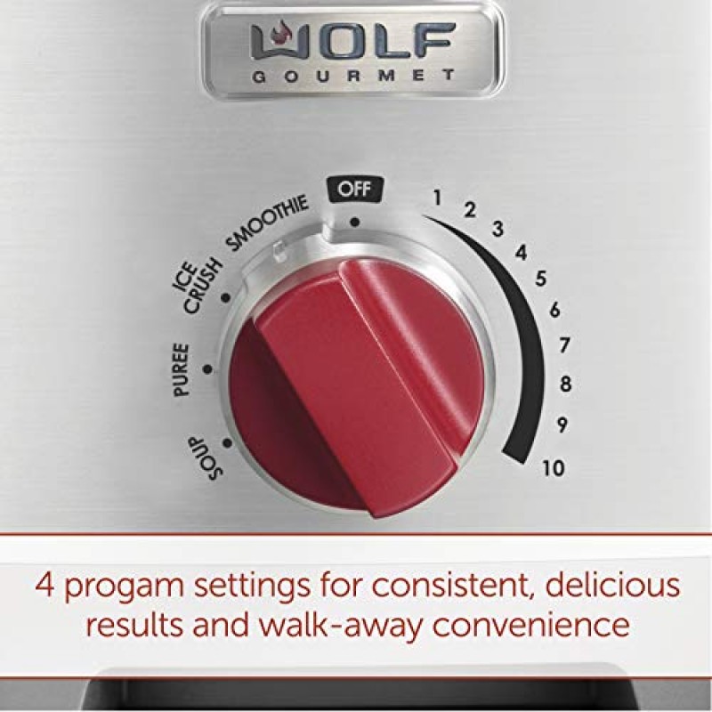 Wolf Gourmet 프로 퍼포먼스 블렌더, 64온스 병, 4가지 프로그램 설정, 12.5 AMPS, 블렌드 음식, 셰이크 및 스무디, 빨간색 손잡이, 스테인리스 스틸(WGBL200S)