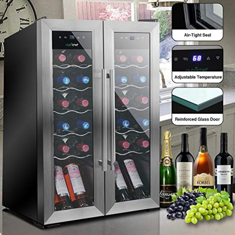 NutriChef PKCWC24 화이트 및 레드 와인용 냉각기 냉각기, 자립형 소형 조리대 미니 냉장고(디지털 제어 포함), 24병 듀얼 존-스테인리스 스틸