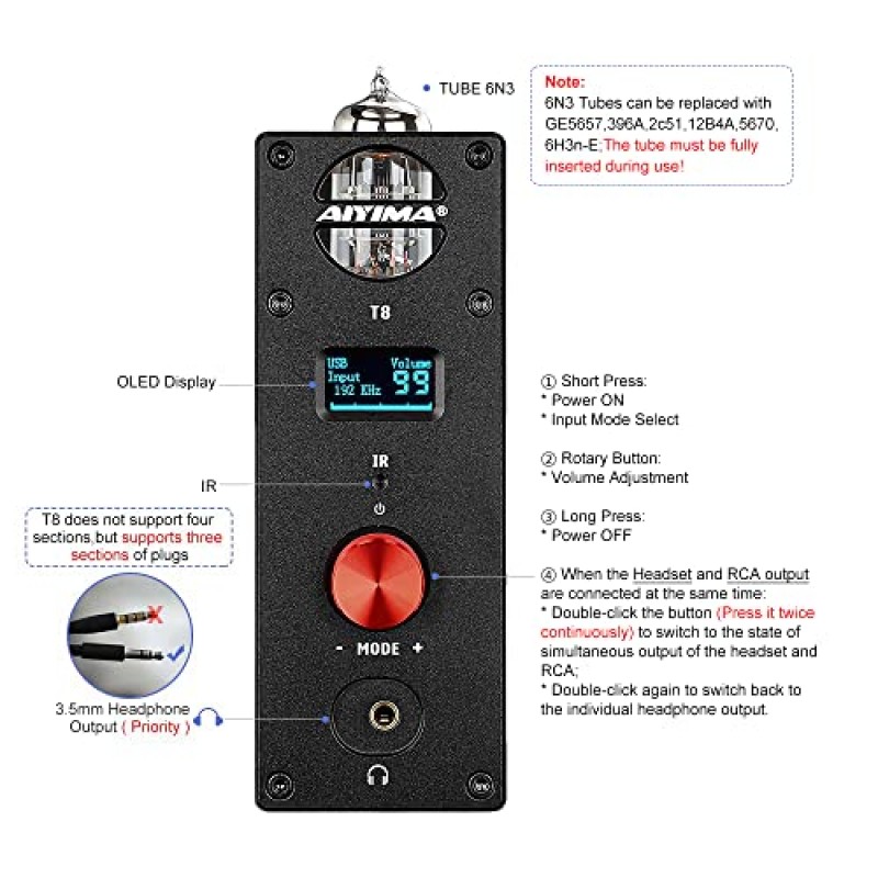 AIYIMA T8 6N3 디지털 튜브 프리 앰프 Bluetooth 5.0 Hi-Fi 헤드폰 프리 앰프 디코더 프리 앰프 PC-USB DAC APTX 가정용 무선 수신기 오디오 스테레오 앰프 + 리모콘 포함