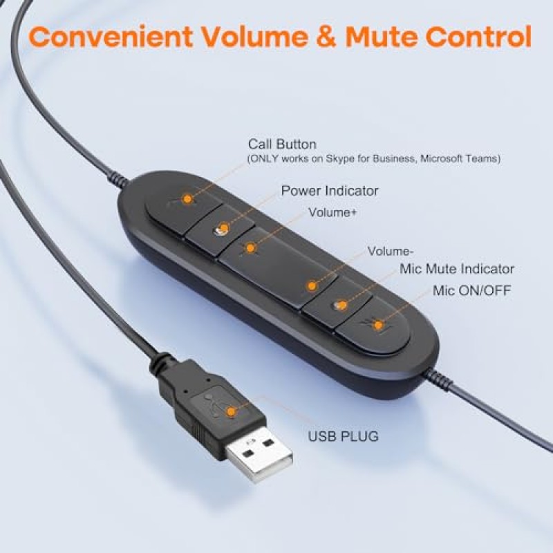 PC 노트북용 MKJ USB 헤드셋(마이크 포함) - 콜 센터 홈 오피스용 소음 제거 마이크 포함 유선 헤드폰, 업무용 컴퓨터 스테레오 헤드셋, Skype, Microsoft Teams, Zoom, Webex