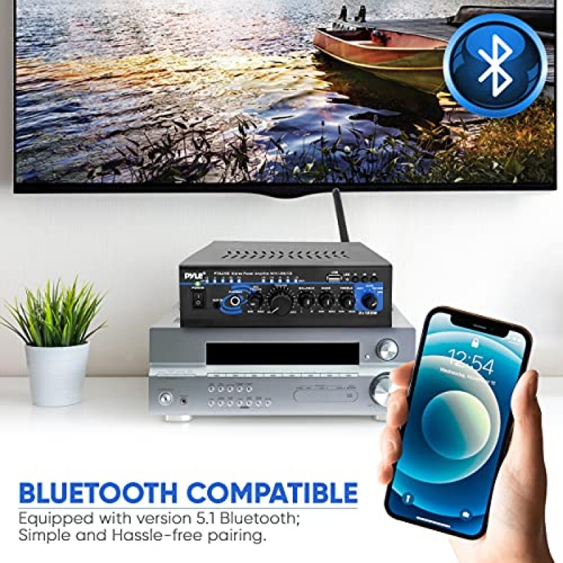 Pyle Home Bluetooth 오디오 전력 증폭기 2X120W - 휴대용 2채널 서라운드 사운드 스테레오 수신기(USB 포함) - 증폭된 서브우퍼 스피커, CD DVD, MP3, iPhone, 전화, 극장, PA 시스템 -PTAU45.5