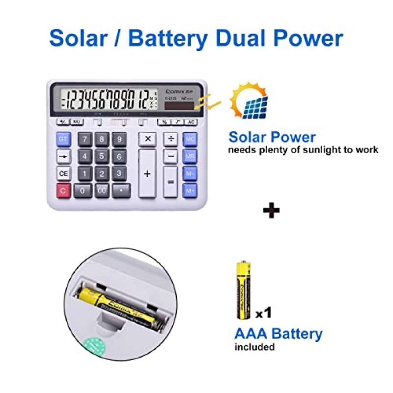 Comix 데스크탑 계산기 태양열 배터리 이중 전원, 12자리 대형 LCD 디스플레이 및 대형 컴퓨터 키 홈 오피스 학교용 표준 기능 계산기, 흰색