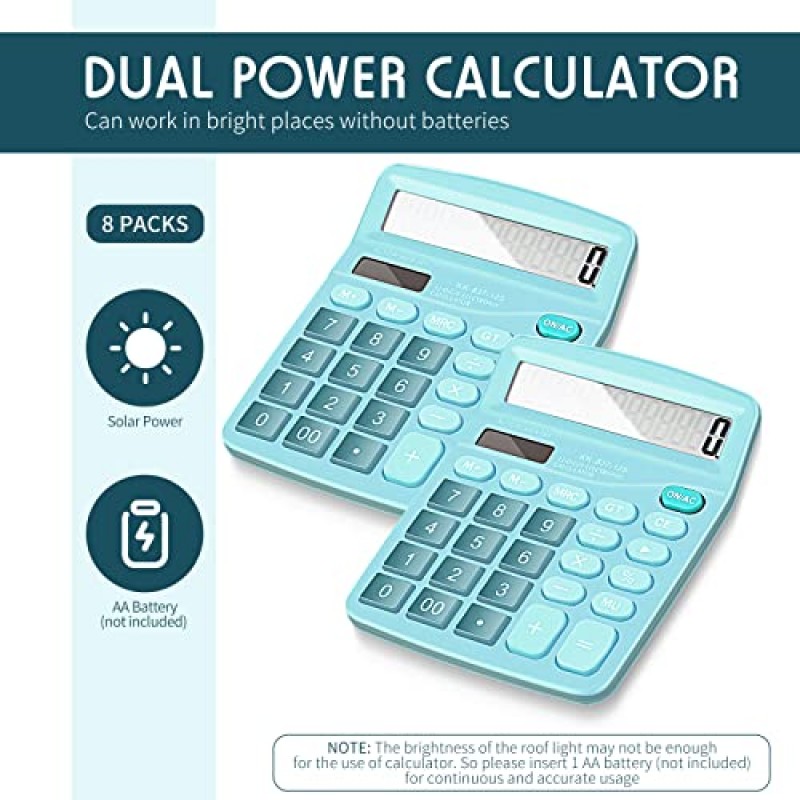 Konohan 8개 12자리 계산기, 태양광 기본 데스크탑 계산기 대형 디스플레이 전자 계산기 홈 오피스 학교용 듀얼 파워 휴대용 계산기(블루)