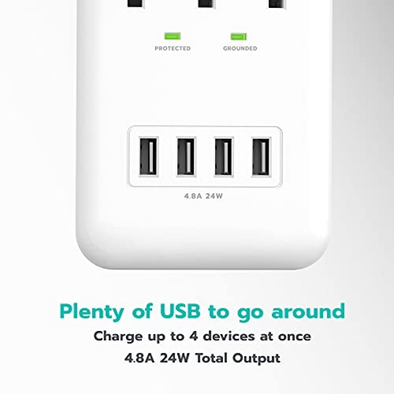 KMC 3 콘센트 벽걸이 서지 보호기, 900줄, USB 4.8 AMP USB 충전 포트 4개, 가정, 학교 또는 사무실용 휴대폰 홀더 크래들, ETL 인증