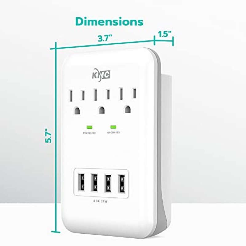 KMC 3 콘센트 벽걸이 서지 보호기, 900줄, USB 4.8 AMP USB 충전 포트 4개, 가정, 학교 또는 사무실용 휴대폰 홀더 크래들, ETL 인증