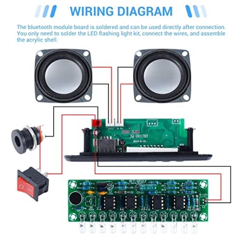 MiOYOOW DIY 전자 키트 Ḅḷueṭooṭḥ 스피커(FṂ 라디오 포함), 납땜 연습 키트 USB 미니 홈 사운드 앰프 DIY 키트(디지털 디스플레이 및 학교 과학 프로젝트용 다채로운 LED 조명 포함)