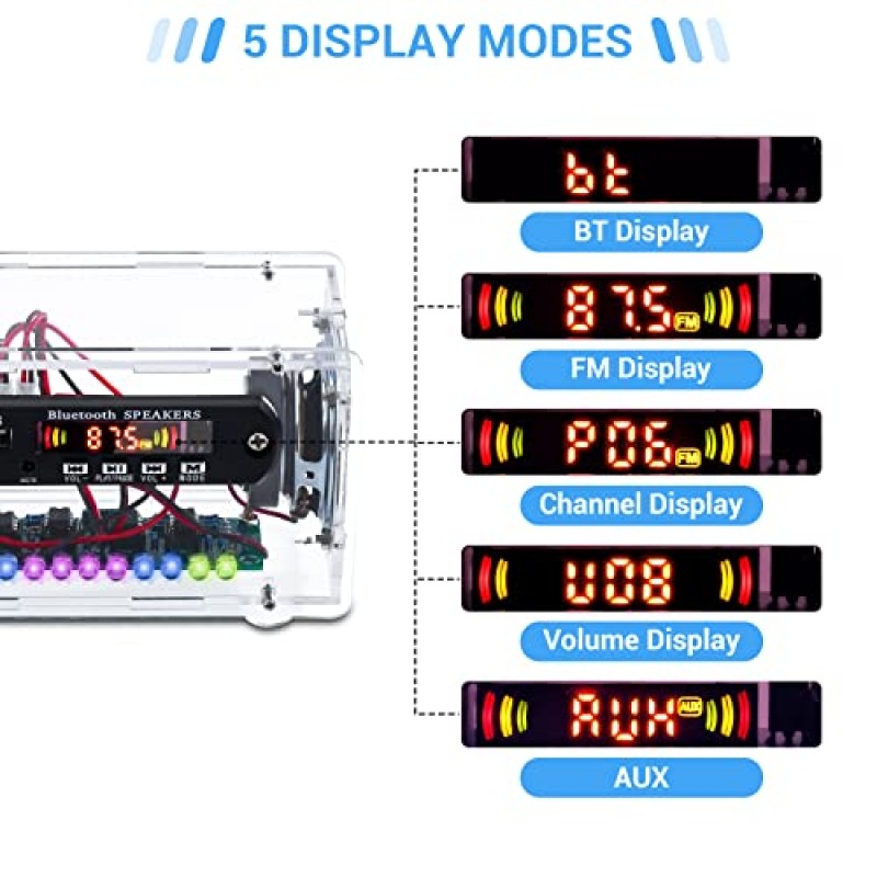 MiOYOOW DIY 전자 키트 Ḅḷueṭooṭḥ 스피커(FṂ 라디오 포함), 납땜 연습 키트 USB 미니 홈 사운드 앰프 DIY 키트(디지털 디스플레이 및 학교 과학 프로젝트용 다채로운 LED 조명 포함)