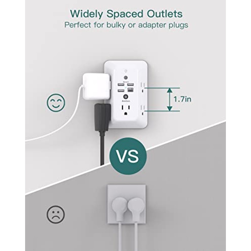 서지 보호기, 가정, 사무실, 학교용 야간 조명이 있는 멀티 플러그 콘센트 확장기, Addtam 5 콘센트 분배기 및 4 USB 포트(USB C 1개), 벽면 충전기 전원 스트립, ETL 등록