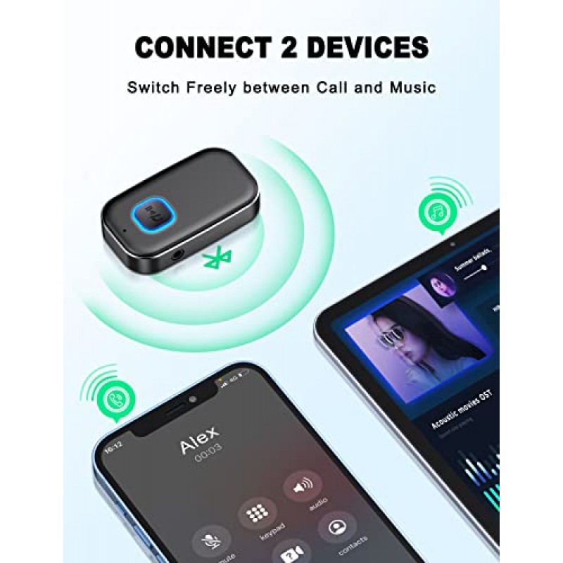 COMSOON 차량용 Bluetooth AUX 어댑터, 소음 감소 음악/핸즈프리 통화용 Bluetooth 5.0 수신기, 홈 스테레오/스피커용 무선 오디오 수신기, 16시간 배터리 수명/듀얼 연결(올 블랙)