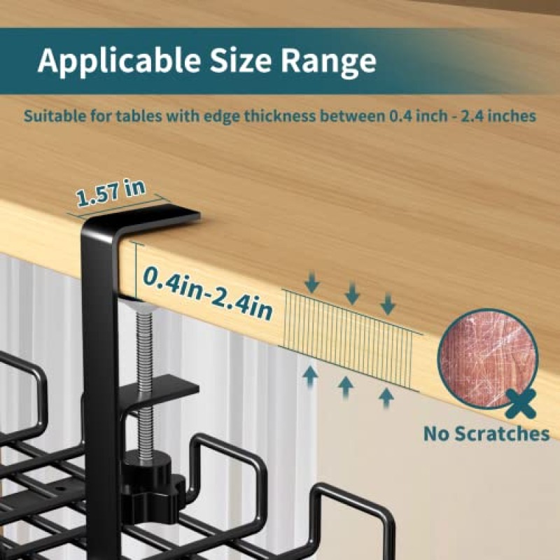 책상 아래 케이블 관리 트레이 드릴 없음, 25인치 대용량 책상 와이어 정리 랙, 사무실 및 가정용 클램프가 있는 책상 코드 관리 아래 견고한 금속