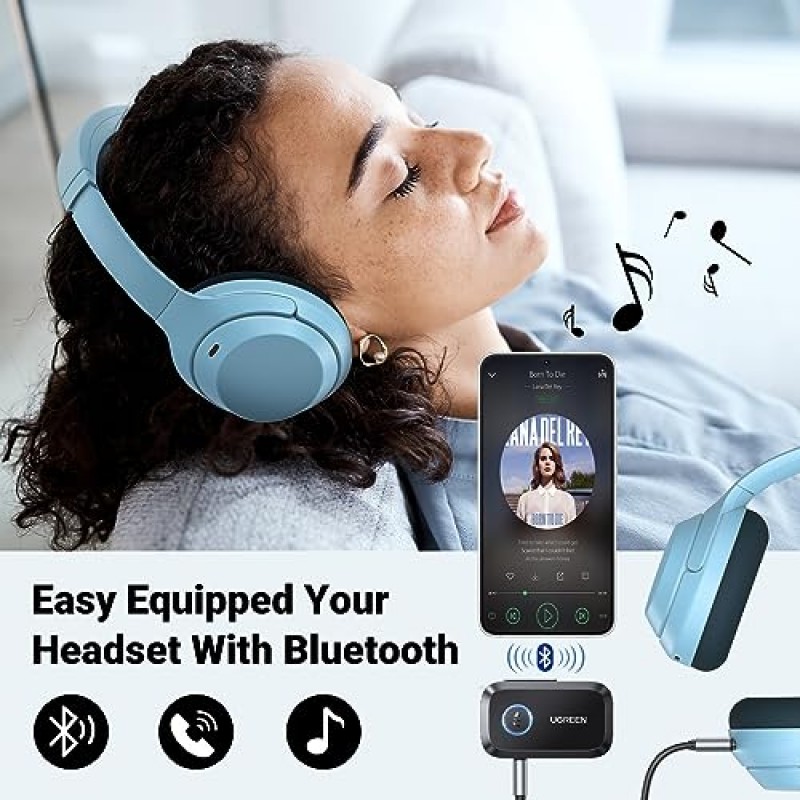 차량용 UGREEN 5.3 Aux Bluetooth 어댑터, [더 넓은 연결] 3.5mm, 홈 스테레오/유선 헤드폰/스피커용 무선 오디오 수신기, 15H 배터리 수명