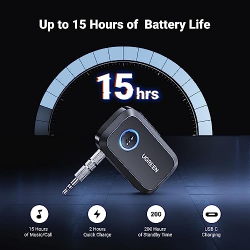 차량용 UGREEN 5.3 Aux Bluetooth 어댑터, [더 넓은 연결] 3.5mm, 홈 스테레오/유선 헤드폰/스피커용 무선 오디오 수신기, 15H 배터리 수명