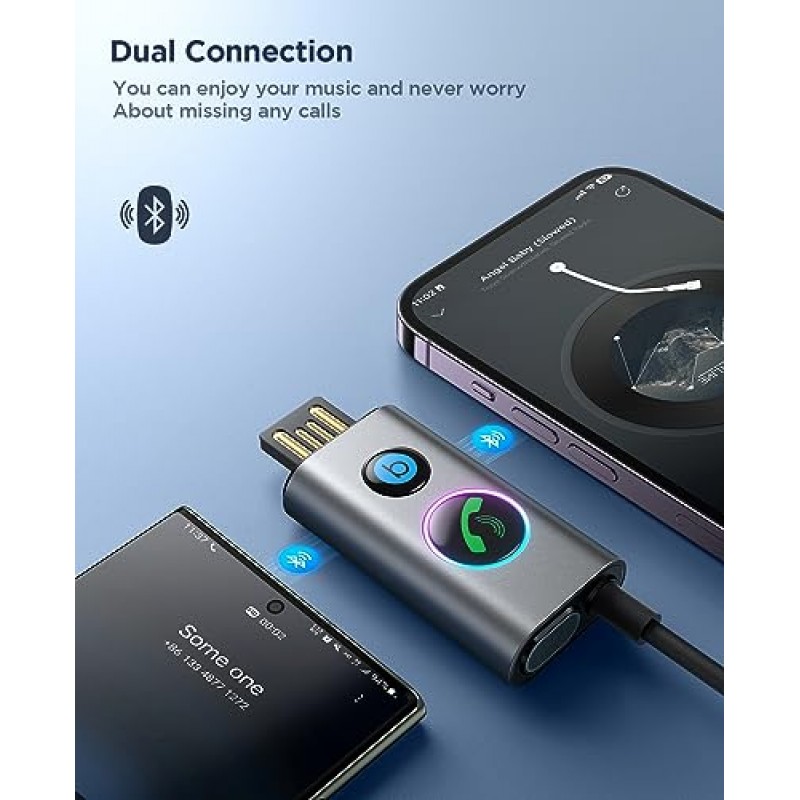 Bluetooth 5.3 수신기 [고음질 중저음] 차량용 AUX 블루투스 어댑터 3.5mm 잭 키트(마이크 내장) 차량용 AUX 입력/홈 스테레오/유선 헤드폰/핸즈프리 통화/이중 연결/금속