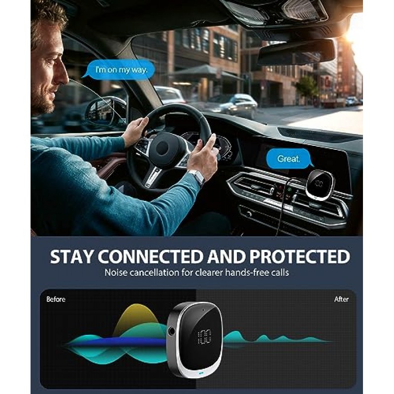 COMSOON AUX 차량용 블루투스 어댑터, [LED 스크린] 스피커/홈 스테레오/유선 헤드폰용 블루투스 5.3 수신기, 핸즈프리 통화/음악용 잡음 제거 무선 오디오 수신기, 듀얼 연결