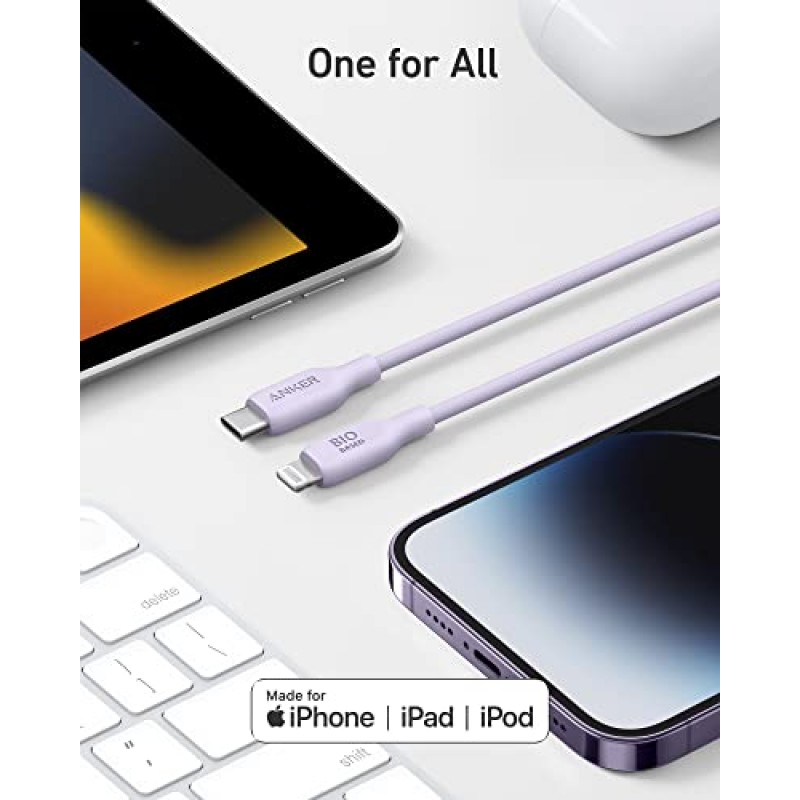 Anker USB-C-라이트닝 케이블, 541 케이블(라일락 퍼플, 3피트), MFi 인증, iPhone 14 14pro 14pro Max 13 13 Pro 12 11 X XS XR 8 Plus용 바이오 기반 고속 충전 케이블(충전기는 포함되지 않음)