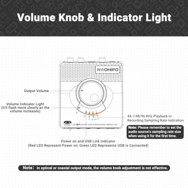 NEOHIPO H1 USB 게이밍 DAC 헤드폰 앰프, 미니 Hi-Fi 디지털-아날로그 앰프, PS5/PC/MAC/컴퓨터용 고음 및 저음 스위치가 있는 3.5MM/6.35MM/Mic/EQ Opt/Coa/RCA 출력