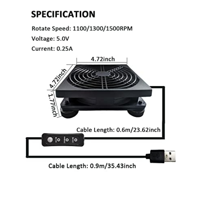 속도 컨트롤러가 장착된 업그레이드된 120mm 5V USB 전원 PC 라우터 팬 라우터 모뎀 수신기 DVR 플레이스테이션 TV 박스 및 기타 전자 제품용 높은 공기 흐름 냉각 팬