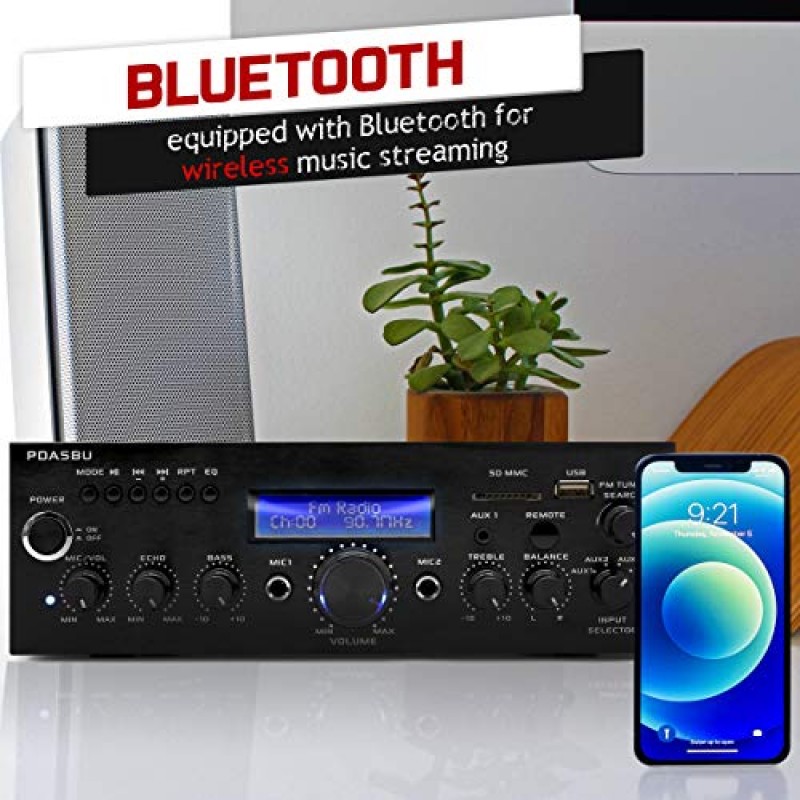 Pyle 무선 Bluetooth 전력 증폭기-200W 오디오 스테레오 수신기(USB 포트 포함, AUX 입력, FM 라디오, 노래방 마이크 입력 2개, 원격 홈 엔터테인먼트 시스템, 검정색, 10.5