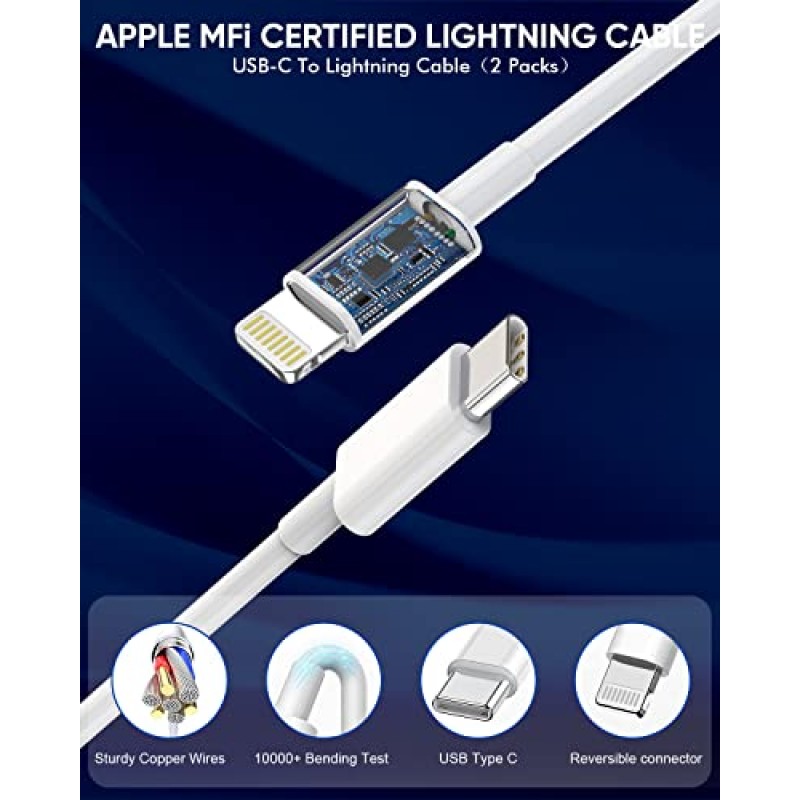 iPhone 고속 차량용 충전기, 2팩 듀얼 포트 USB C 차량용 충전기[Apple MFI 인증] 2팩 라이트닝 케이블이 포함된 전원 공급 Apple 차량용 어댑터 iPhone 14/13/12/11/Xs/Xr/SE/iPad용 C형 고속 차량 충전