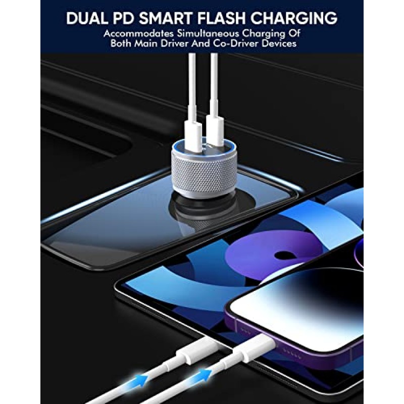 iPhone 고속 차량용 충전기, 2팩 듀얼 포트 USB C 차량용 충전기[Apple MFI 인증] 2팩 라이트닝 케이블이 포함된 전원 공급 Apple 차량용 어댑터 iPhone 14/13/12/11/Xs/Xr/SE/iPad용 C형 고속 차량 충전