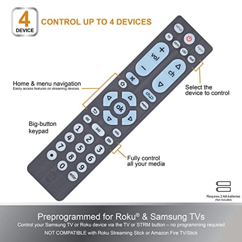 GE 가정용 전기 노인, 노인 및 시각 장애인을 위한 GE 범용 리모컨, 단순 사용, 스마트 TV 호환, 4 장치, 백라이트, 브러시드 그래파이트 71262