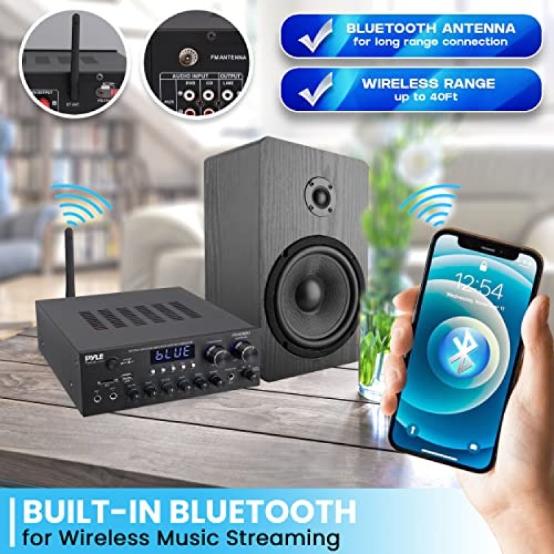 Pyle Bluetooth 홈 오디오 증폭기 수신기 스테레오 300W 듀얼 채널 사운드 오디오 시스템, MP3, USB, SD, AUX, RCA, 마이크, 헤드폰, FM, LED, 리버브 지연, 홈 시어터 스피커, 스튜디오용 - PDA69BU