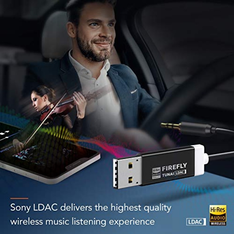 TUNAI Firefly LDAC Bluetooth 수신기: 자동차/홈 스테레오 고해상도 음악 스트리밍을 위한 Audiophile USB DAC 3.5mm AUX가 포함된 고해상도 무선 오디오 Bluetooth 5.0 어댑터; 자동 켜짐, 충전 필요 없음