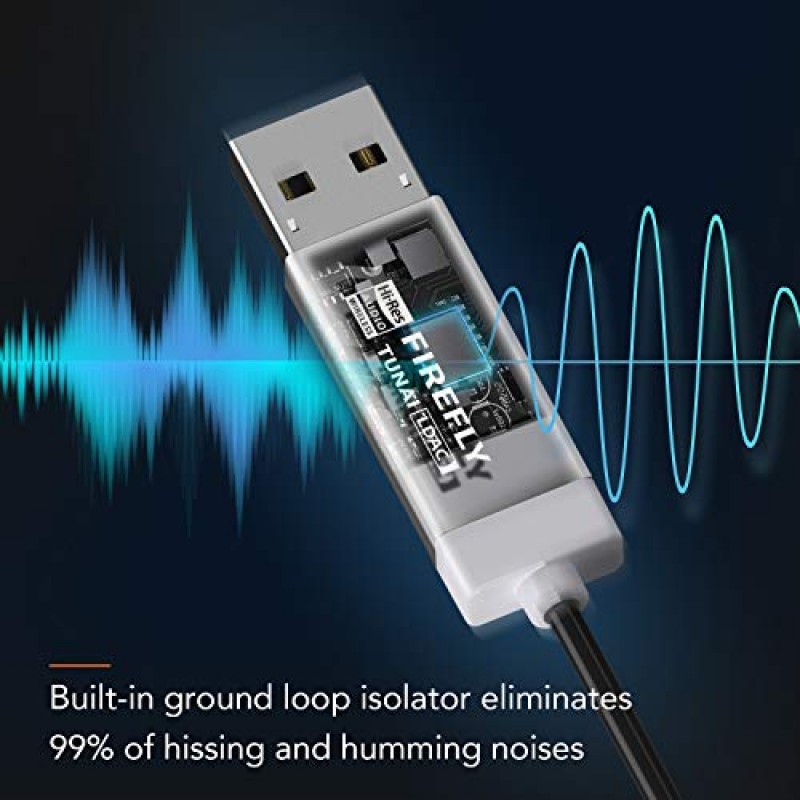 TUNAI Firefly LDAC Bluetooth 수신기: 자동차/홈 스테레오 고해상도 음악 스트리밍을 위한 Audiophile USB DAC 3.5mm AUX가 포함된 고해상도 무선 오디오 Bluetooth 5.0 어댑터; 자동 켜짐, 충전 필요 없음