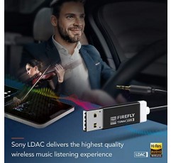 TUNAI Firefly LDAC Bluetooth 수신기: 자동차/홈 스테레오 고해상도 음악 스트리밍을 위한 Audiophile USB DAC 3.5mm AUX가 포함된 고해상도 무선 오디오 Bluetooth 5.0 어댑터; 자동 켜짐, 충전 필요 없음