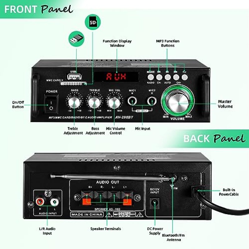 SOBATTY 홈 오디오 수신기 및 증폭기 HiFi Bluetooth 오디오 증폭기 최대 300Wx2 무선 Bluetooth 5.0 스테레오 오디오 증폭기, RMS 40Wx2 파워 앰프 홈 시어터 스피커용 2채널 스테레오 수신기