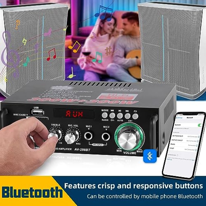 SOBATTY 홈 오디오 수신기 및 증폭기 HiFi Bluetooth 오디오 증폭기 최대 300Wx2 무선 Bluetooth 5.0 스테레오 오디오 증폭기, RMS 40Wx2 파워 앰프 홈 시어터 스피커용 2채널 스테레오 수신기