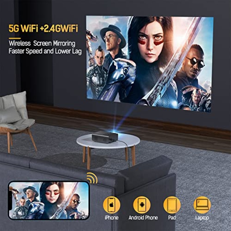 Wi-Fi 및 블루투스 기능이 있는 4K 프로젝터 - SMONET 5G Wi-Fi 블루투스 1080P FHD 프로젝터 홈 야외 영화 비디오 프로젝터 아이폰 프로젝터 전화 TV 스틱 노트북 PC HDMI USB DVD와 호환 가능