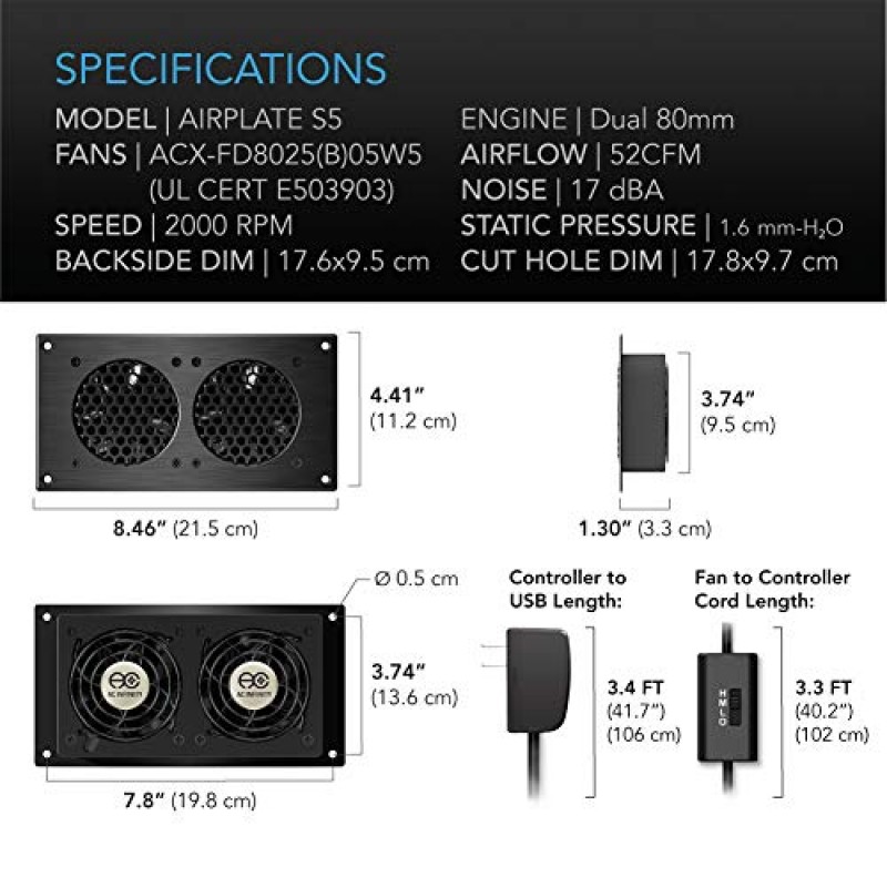 AC Infinity AIRPLATE S5, 홈 시어터 AV 캐비닛용 속도 제어 기능이 있는 저소음 냉각 팬 시스템 8