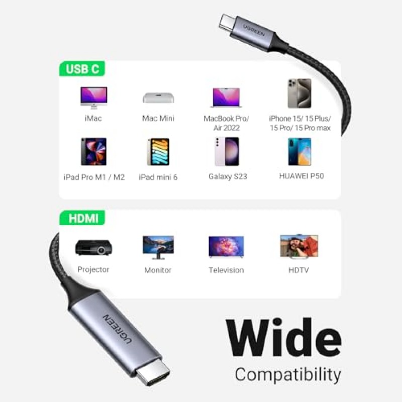 UGREEN USB C - HDMI 케이블(4K@60Hz) 3.3FT, Type C - HDMI 어댑터 홈 오피스용 Thunderbolt 4/3 - HDMI iPhone 15 Pro Max Plus, MacBook Pro Air iPad Pro, XPS, Galaxy S23, Steam Deck과 호환 가능