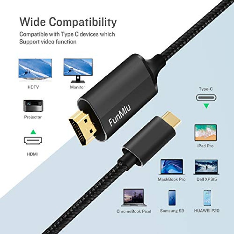 USB C-HDMI 케이블, [4K, 고속] 홈 오피스용 USB Type C-HDMI 케이블, MacBook Pro/Air 2020, iPad Air 4, iPad Pro 2021, iMac, S23, XPS용 [Thunderbolt 3/4 호환] 17 이상 - 10피트 검정색