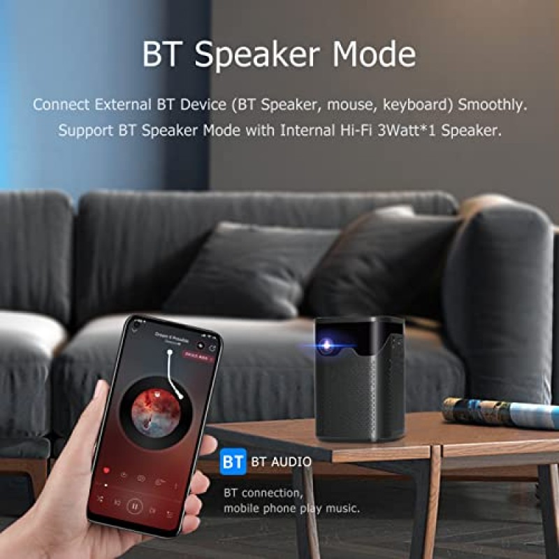 WiFi 및 Bluetooth 기능을 갖춘 BISOFICE 3-IN-1 미니 프로젝터, 4K 1080P 150 ANSI 루멘 DLP Android TV 9.0 스마트 휴대용 프로젝터, 3W 스피커, 가정용 자동 수직 키스톤, 리모컨이 있는 실외용